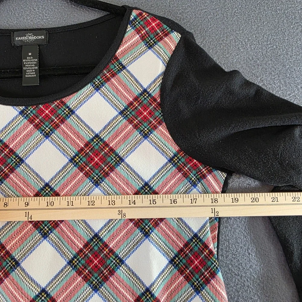 Karen Brooks Womens Plaid Sharkbite Hem Tunic Top Black Red White Medium